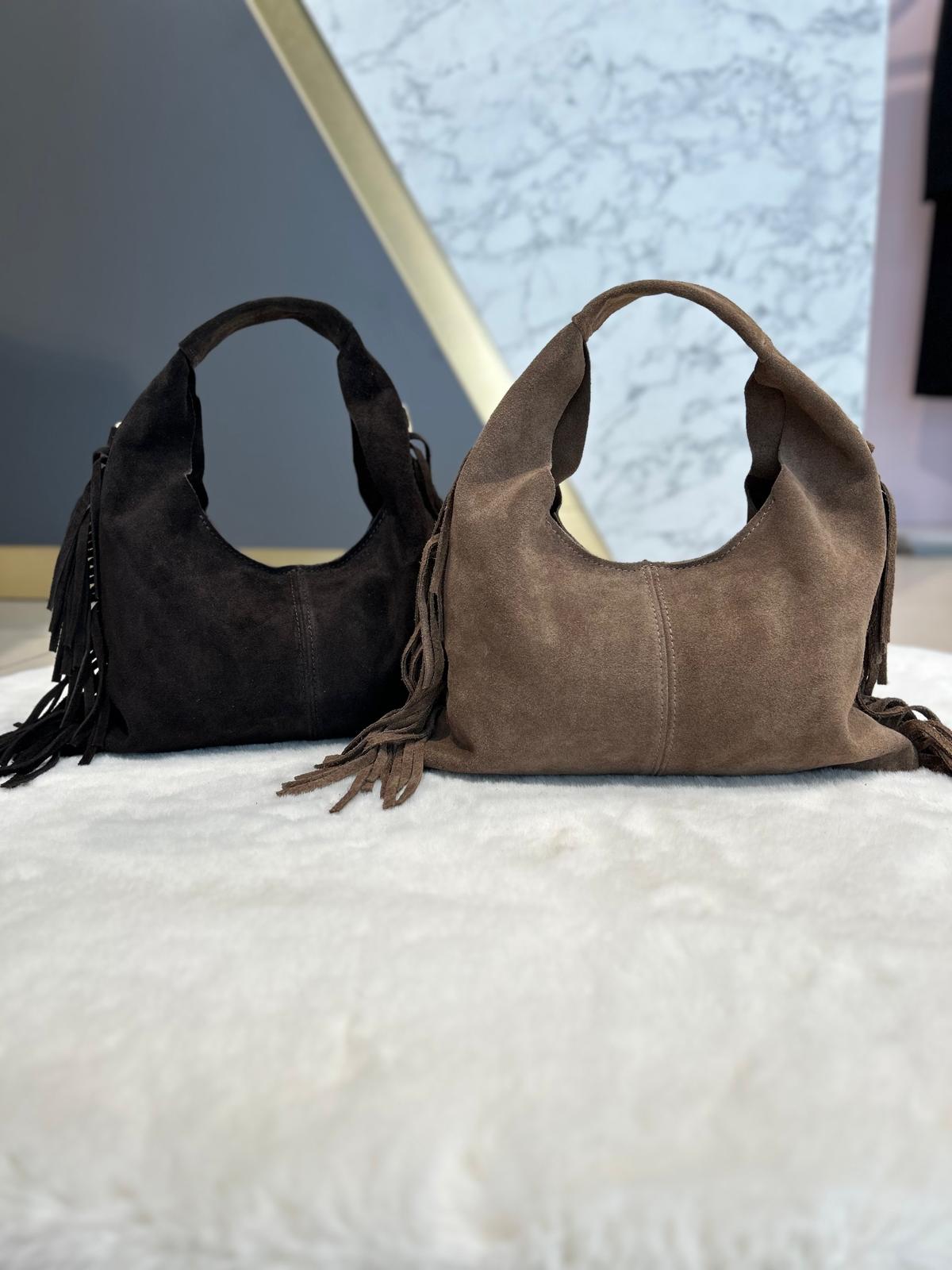 Borsa con frange in pelle scamosciata