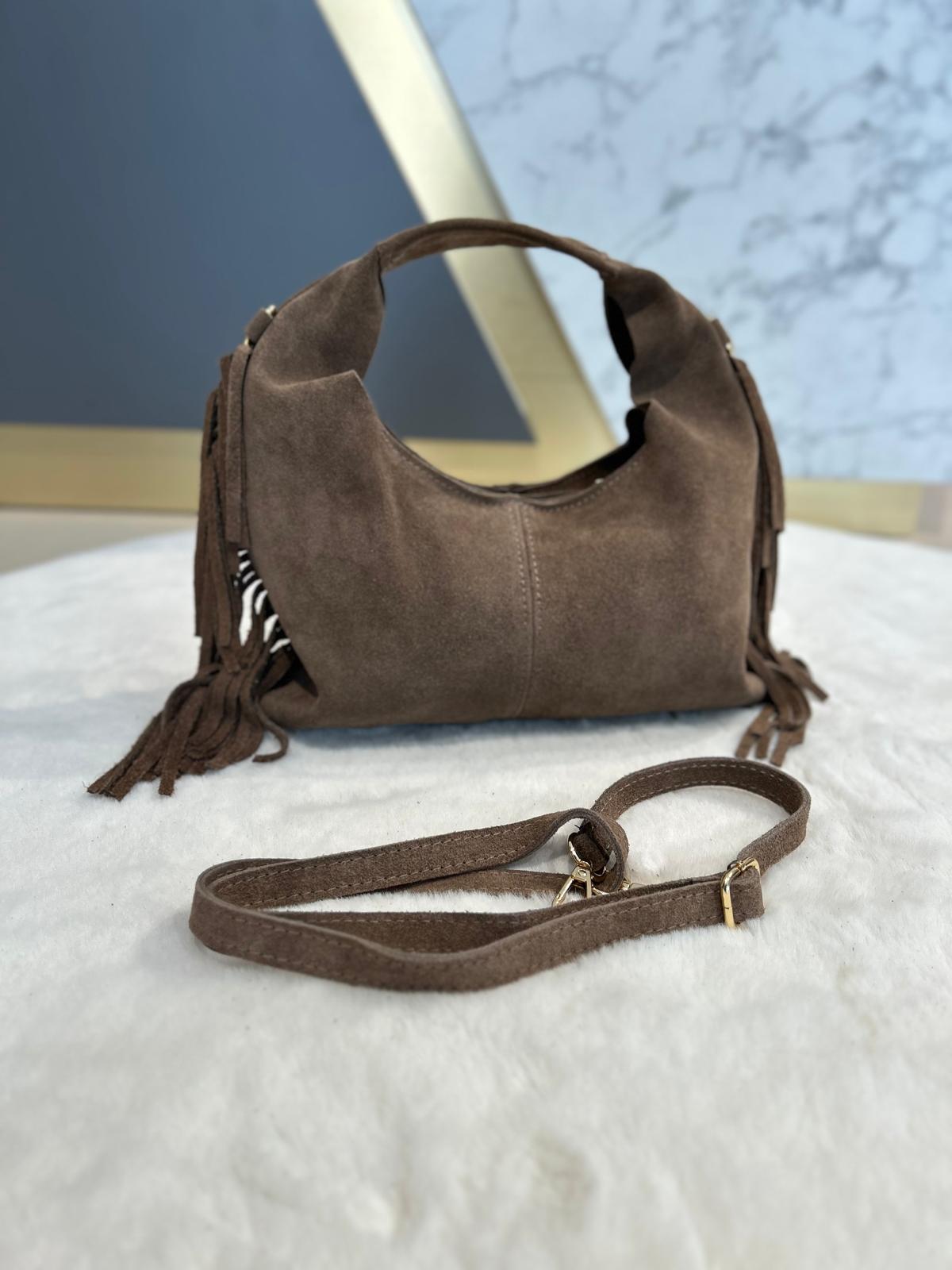 Borsa con frange in pelle scamosciata