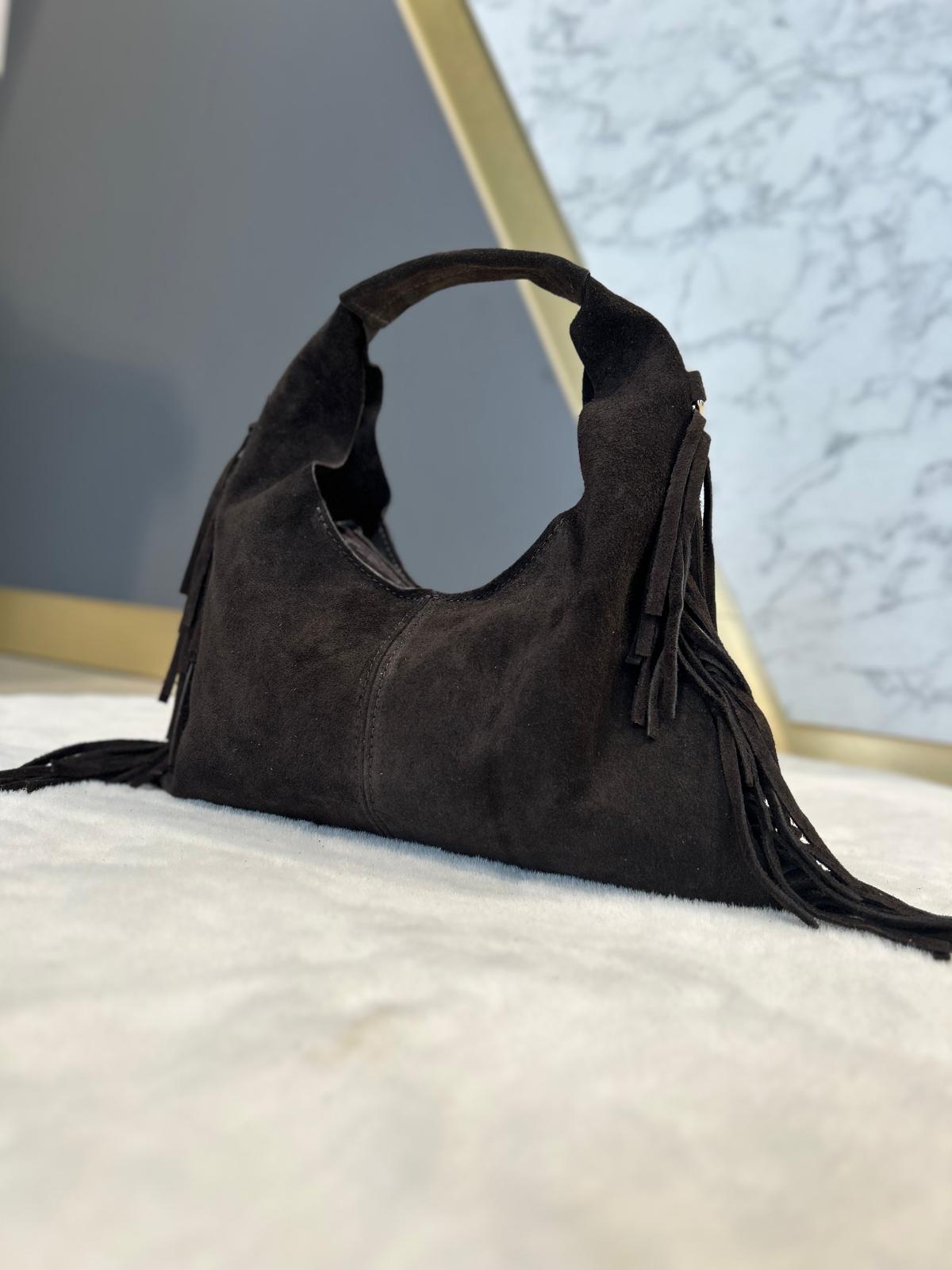 Borsa con frange in pelle scamosciata